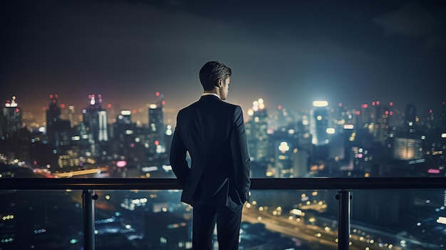 A confident businessman on rooftop balcony with the breathtaking night view Generative AI