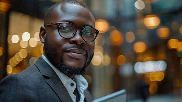 Confident businessman smiling in urban night scene