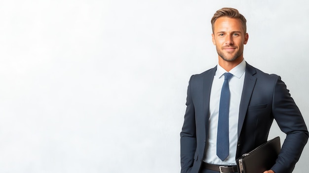 Photo confident businessman smiling while holding a portfolio in a bright environment