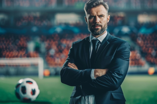 Confident businessman at a soccer stadium poised and authoritative with a football at his feet