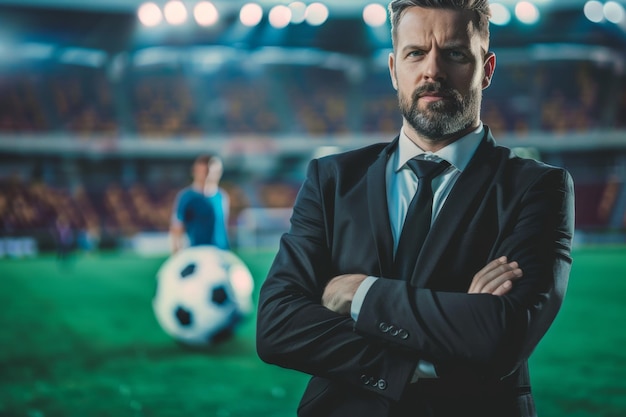 Confident businessman at a soccer stadium poised and authoritative with a football at his feet