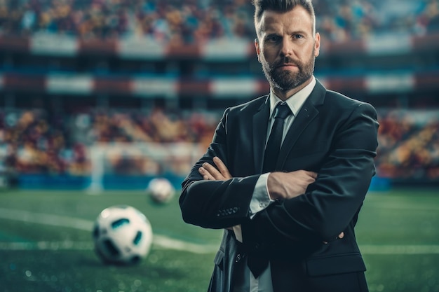 Photo confident businessman at a soccer stadium poised and authoritative with a football at his feet