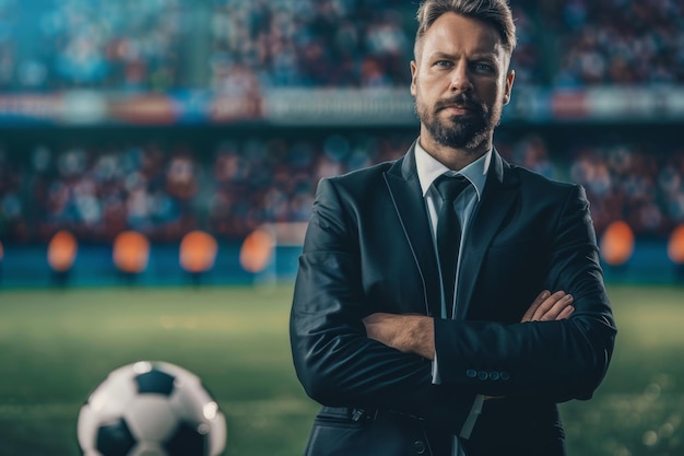 Confident businessman at a soccer stadium poised and authoritative with a football at his feet