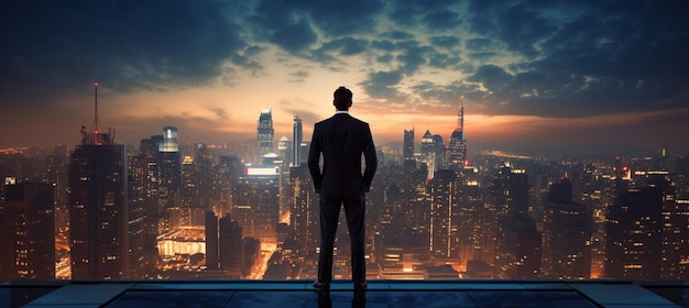 Confident businessman standing on the building rooftop while looking at the silhouette of cityscape