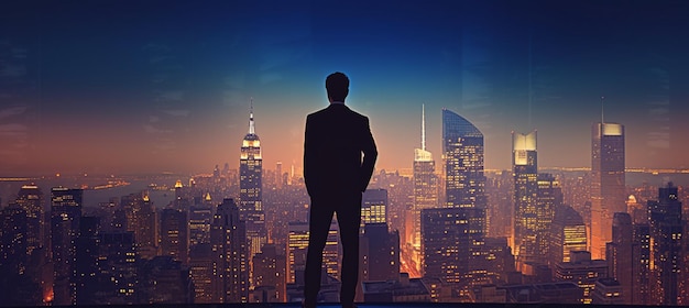 Confident businessman standing on the building rooftop while looking at the silhouette of cityscape