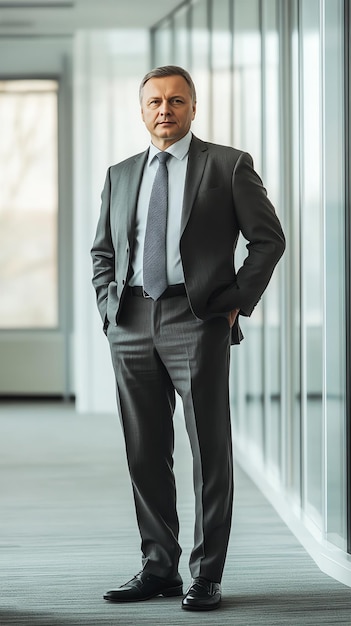 Photo confident businessman standing in modern office hallway