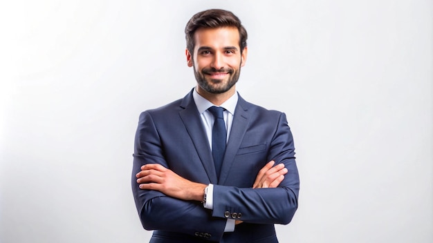 Confident businessman standing with arms crossed making direct eye contact with the camera