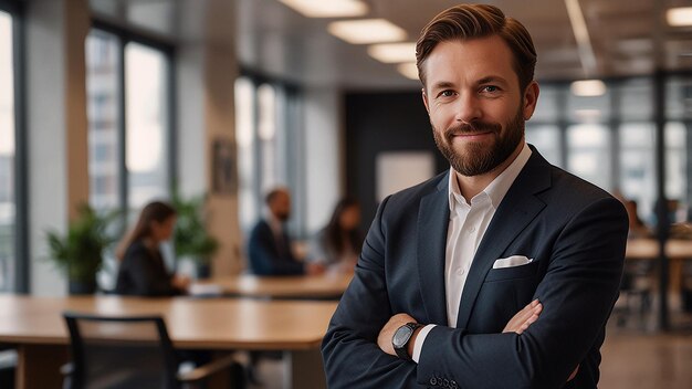 Photo a confident businessman stands in a suit against the backdrop of a office