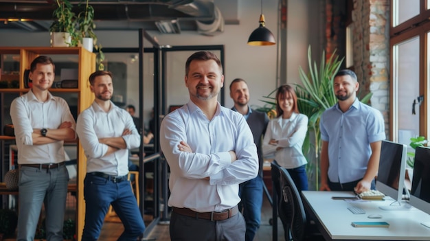 Photo a confident businessman stands with his arms crossed in front of his diverse team all smiling and looking motivated in a modern open office space