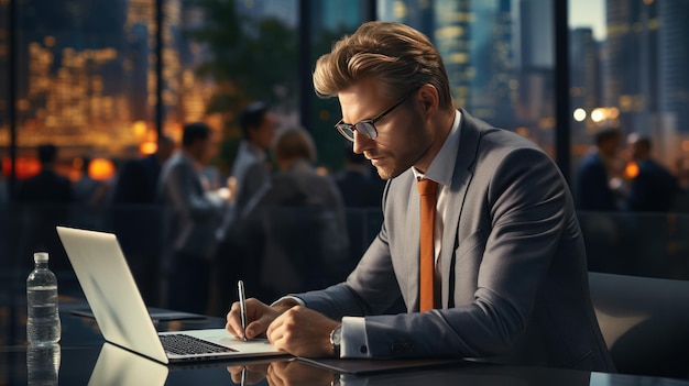 Confident Businessman in a Suit Sitting at a Desk in Modern Office