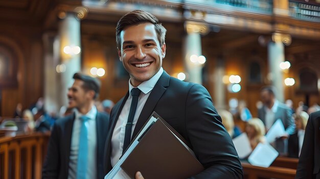 Confident Businessman in Suit Smiling at in Corporate Office Setting