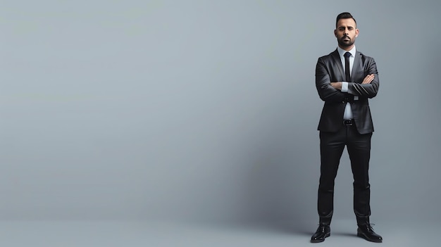 Confident businessman in a suit standing with crossed arms against a gray background