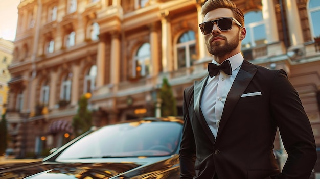 A confident businessman in a suit stands next to a luxury car Wealth and success concept