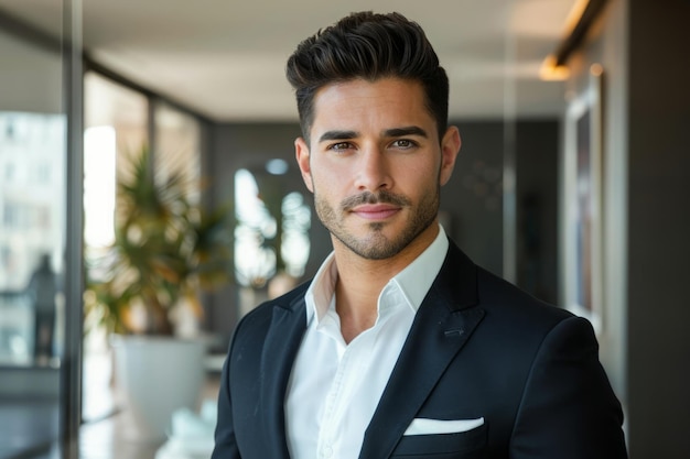 Confident businessman wearing business suit in office workspace