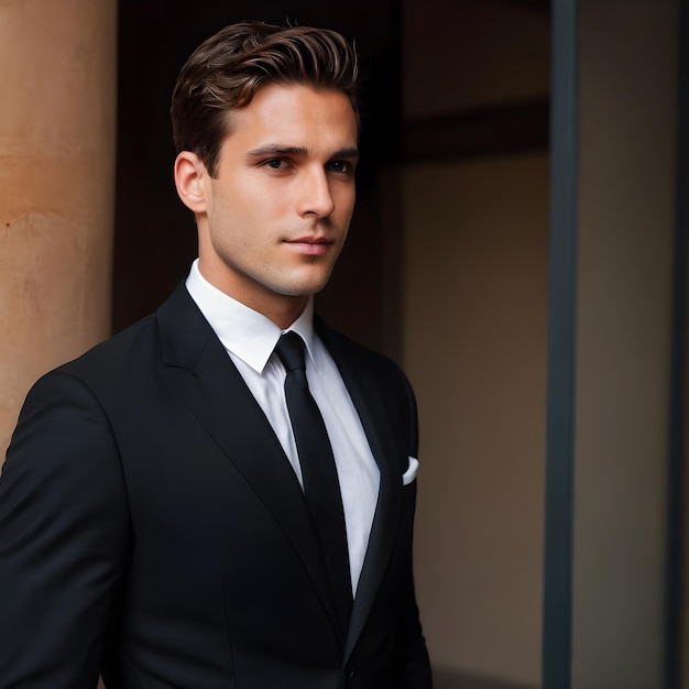 Confident businessman wearing suit standing in modern office building