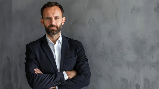 Photo a confident businessman with a beard stands with his arms crossed against a grey textured wall