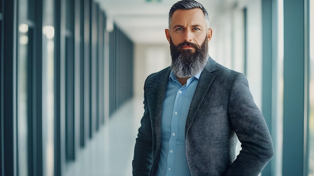 Photo a confident businessman with a grey beard stands in a modern office hallway