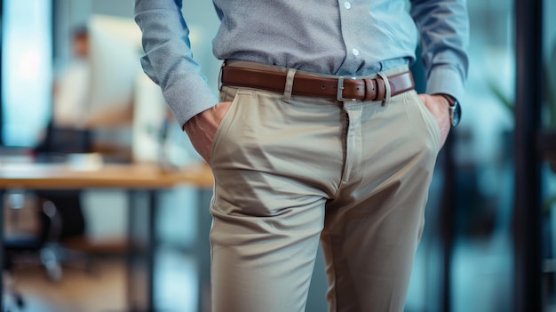 Photo confident businessman with hands in pockets standing in the office