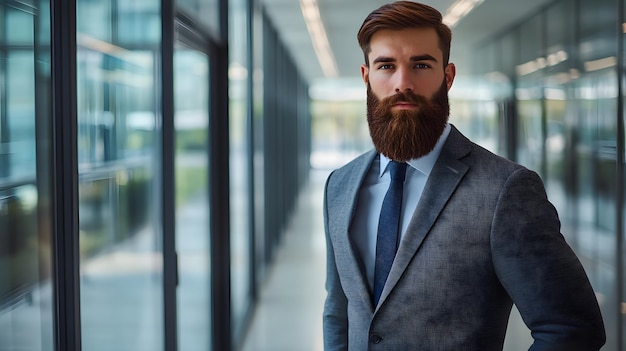 Confident Businessman with Red Beard in a Modern Office Building