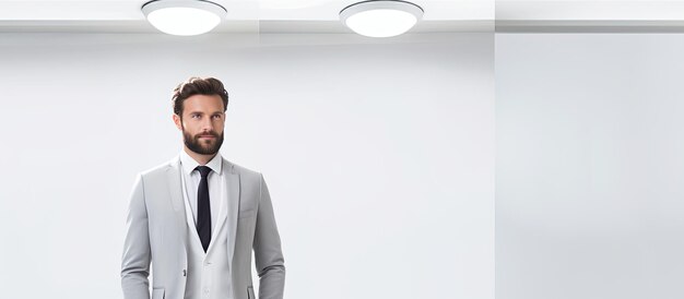 Confident businessman with tablet looking at blank wall