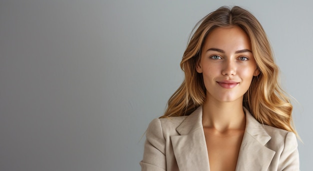 Confident Businesswoman in Beige Blazer Against Grey Background Generative AI