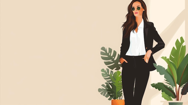 Photo confident businesswoman in black suit posing by plants