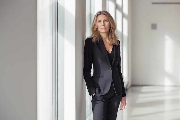 Confident businesswoman in black suit standing by large windows in bright office hallway Natural light casts shadows creating a professional and modern atmosphere