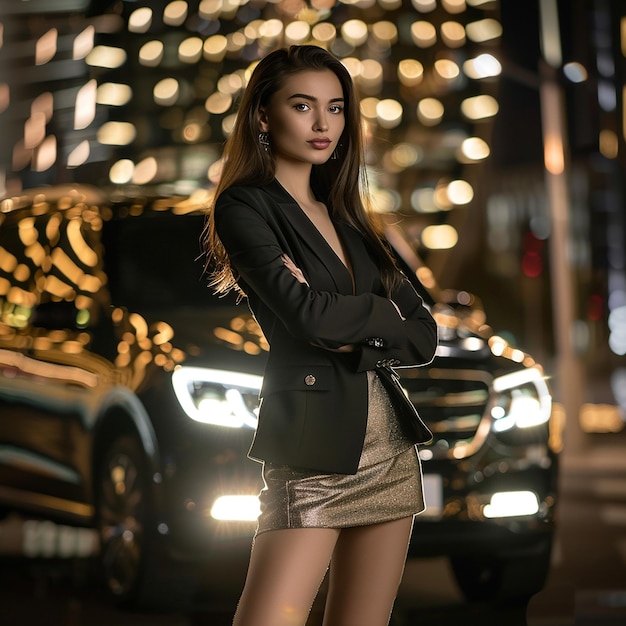 Confident Businesswoman in Elegant Suit Near Luxury car