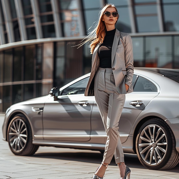 Confident Businesswoman in Elegant Suit Near Luxury car