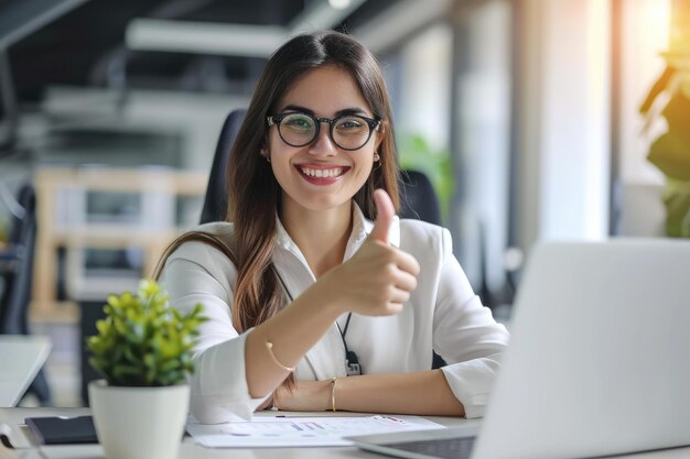 Confident Businesswoman Giving Thumbs Up at Desk