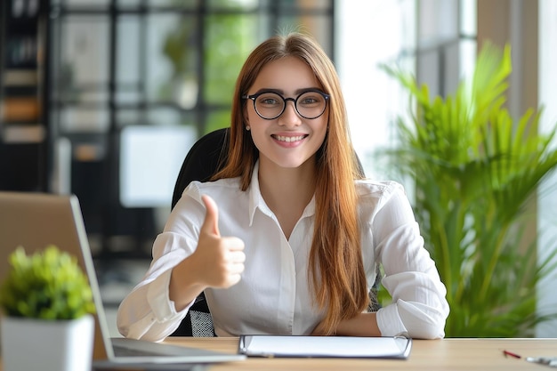 Confident Businesswoman Giving Thumbs Up at Desk