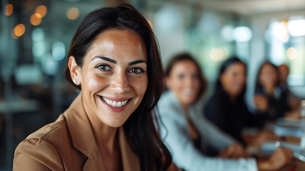 Photo confident businesswoman leading a team meeting depicted in a professional setting with a plain background