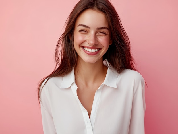 Photo confident businesswoman in light shirt smiling on light pink background