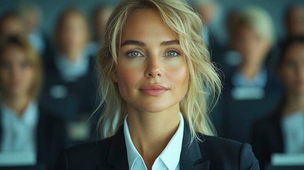 Confident Businesswoman Looking Directly at Camera in a Conference Setting