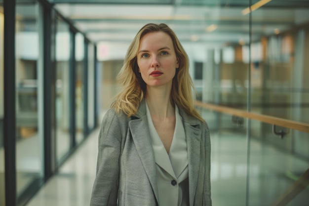 Photo confident businesswoman in modern office corridor