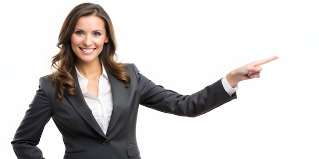 Confident Businesswoman Pointing Left Copy Space on White Background