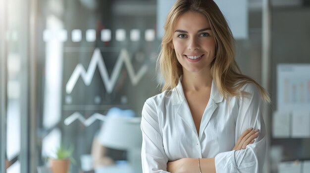 Confident Businesswoman Presenting Data Analytics with Rising Graph in Office Setting