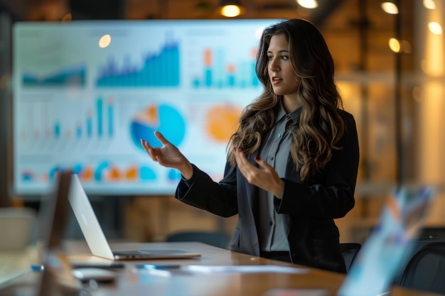 Confident businesswoman presenting project in modern boardroom with colleagues and graph display