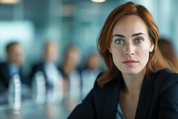 Confident businesswoman in a professional setting with colleagues in the background