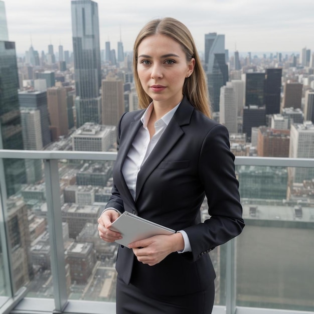 a confident businesswoman in a sleek office attire