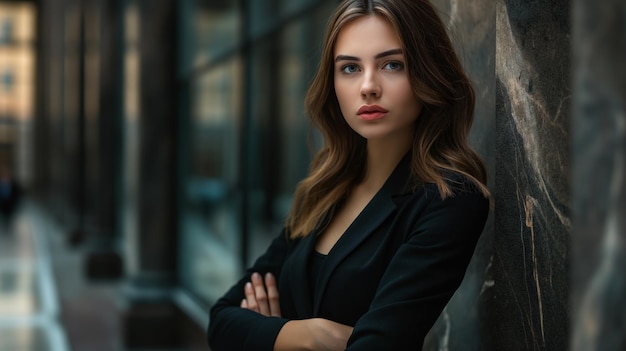 Confident businesswoman in a sleek suit ready to conquer the day with her determination and ambition