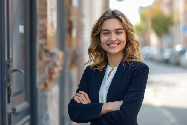 Confident businesswoman smiling on city street looking at camera with positivity