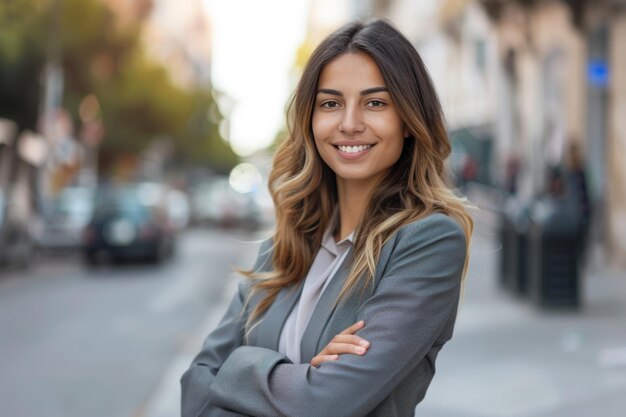 Confident businesswoman smiling outdoors standing with crossed arms successful female entrepreneur