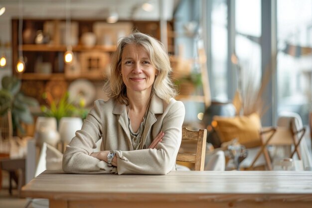 A confident businesswoman smiling while sitting at a wooden table in a stylish modern office setting