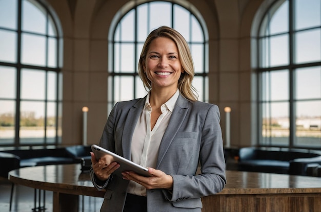 Confident businesswoman smiling with a tablet in a grand office