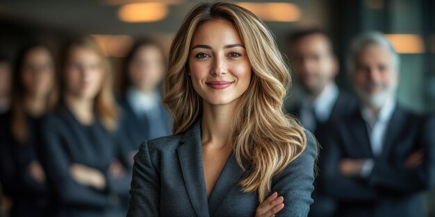 A confident businesswoman stands proudly in front of her professional team in a modern office