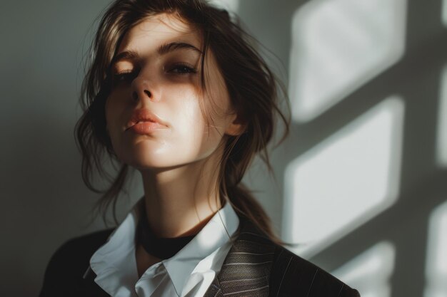 Photo confident businesswoman in striped suit looking to the side