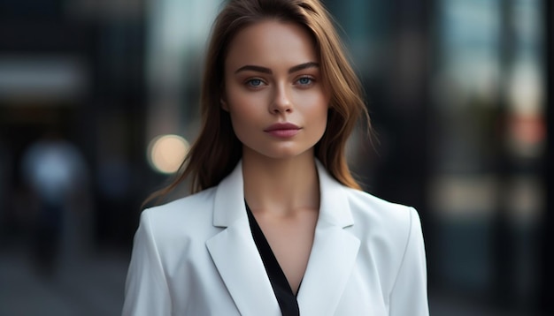 Confident businesswoman in suit exudes elegance outdoors generated by AI