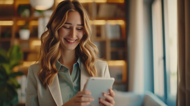 A confident businesswoman using a tablet in a modern office environment