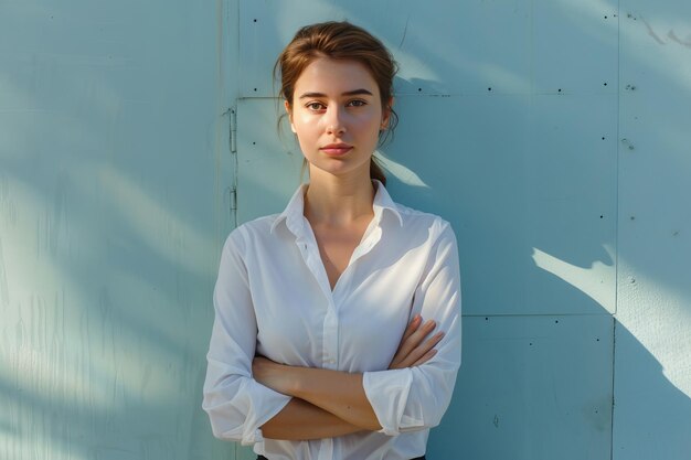 Photo confident businesswoman in white collar attire with arms crossed exudes professionalism